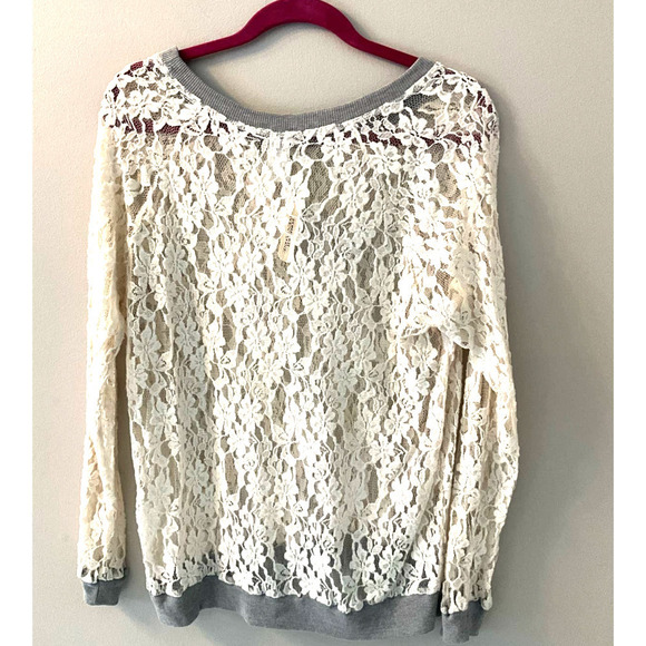 Forever 21 Blouse Women's Size L Cream Sheer Lace Long Sleeve Crew Neck Pullover - Picture 2 of 5
